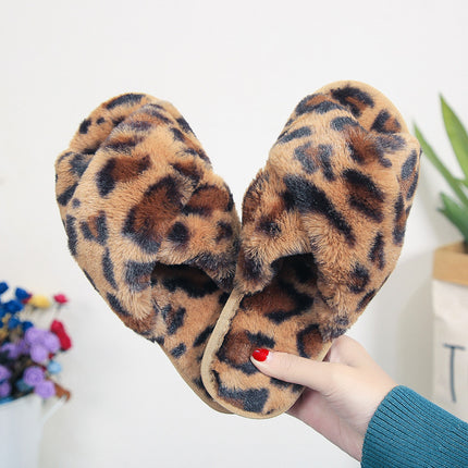 Cross-strap Fuzzy Slippers Leopard Plush House Shoes Flat Bedroom Slippers Slippers For Women
