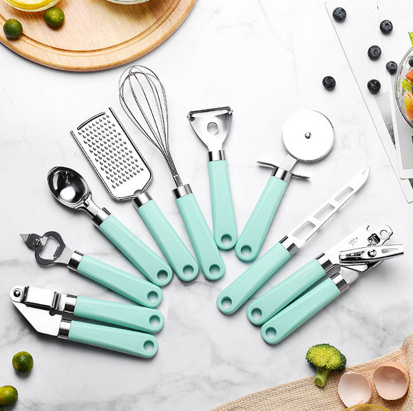 Plastic handle stainless steel kitchen gadget 9 piece set